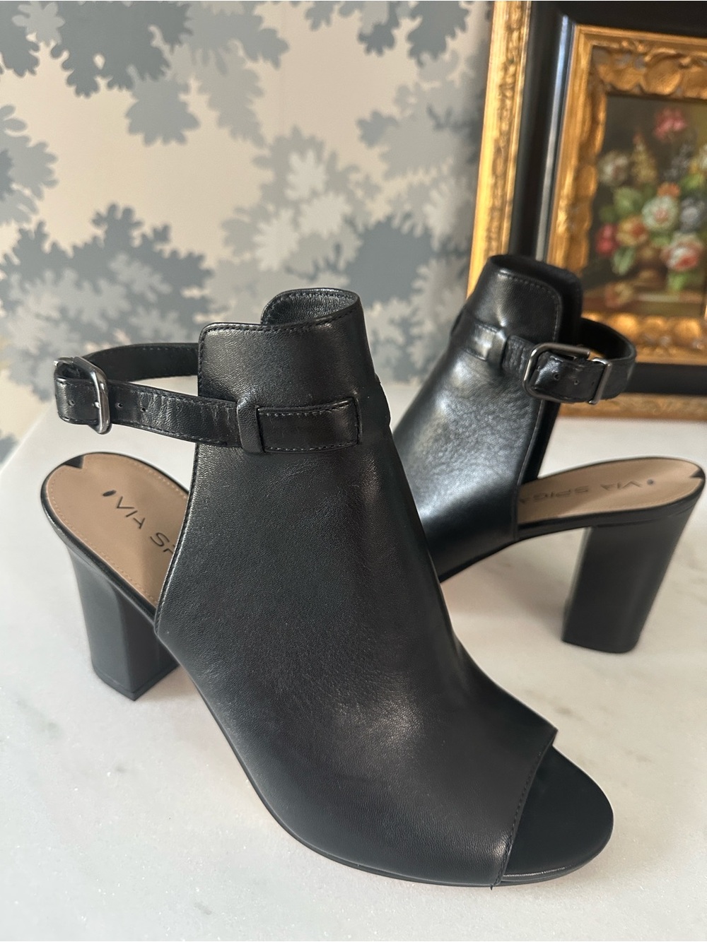 Via Spiga Black Leather Peep Toe Block Heel Slingback